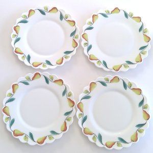 S/4 Vintage Scalloped Edge Handpainted Pear Fire King Milk Glass Salad Plates
